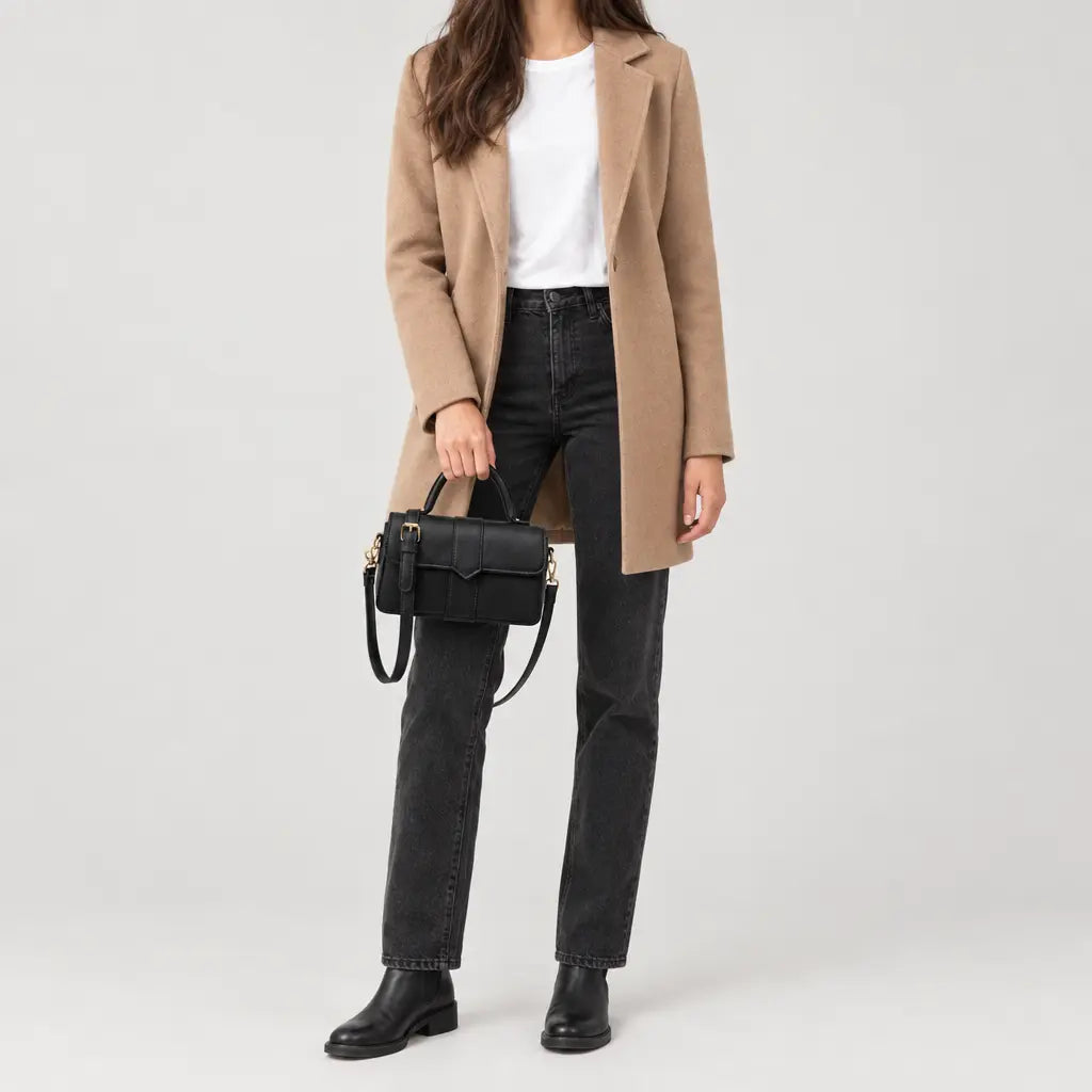 Sac à main carré femme en simili cuir - noir 21x12x8