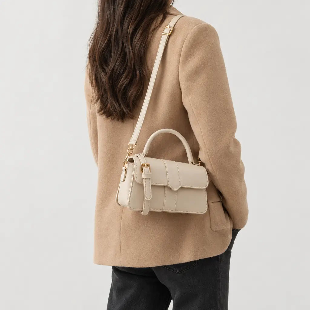 Sac à main carré femme en simili cuir - beige 21x12x8
