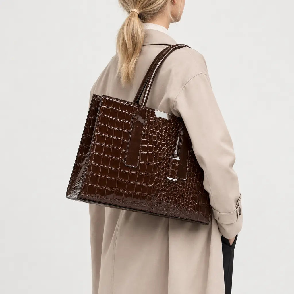 Sac à main femme motif croco - marron profond