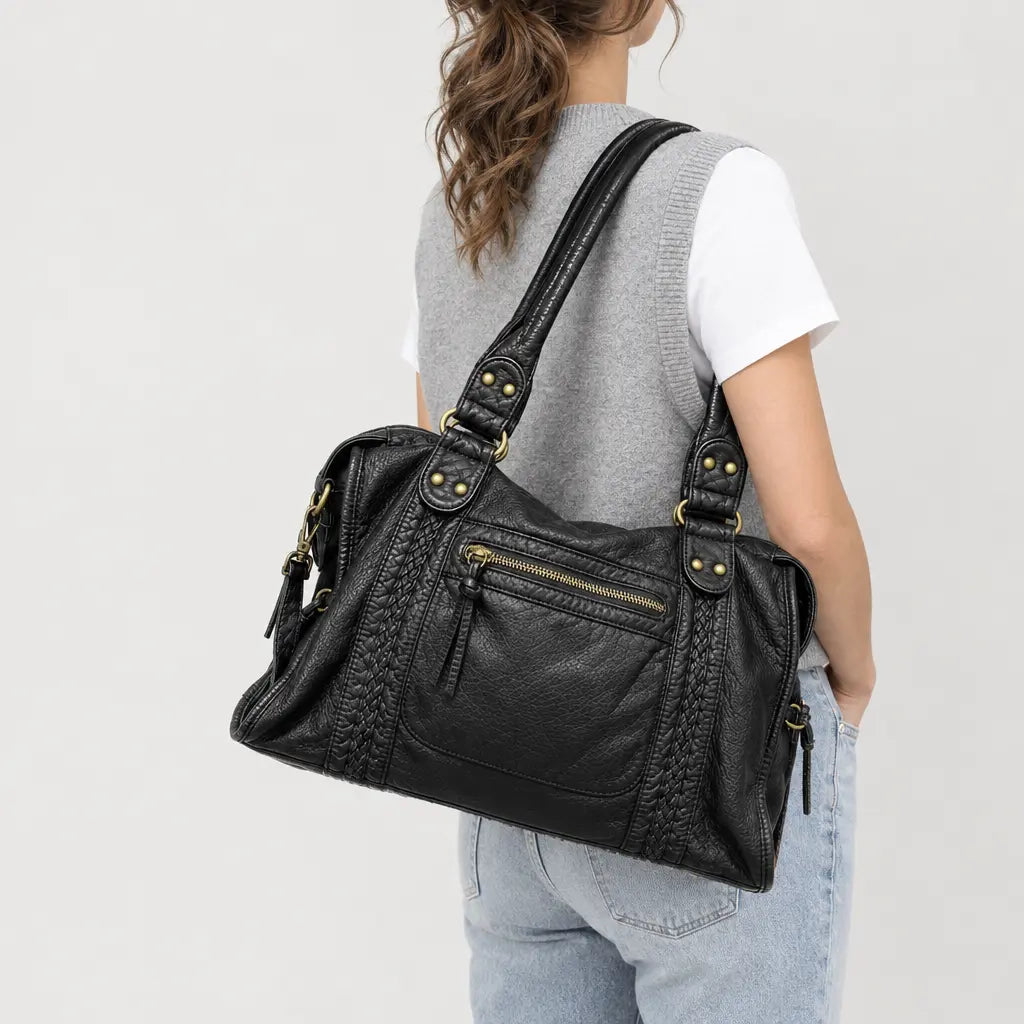 Sac bandoulière femme en cuir lavé - noir