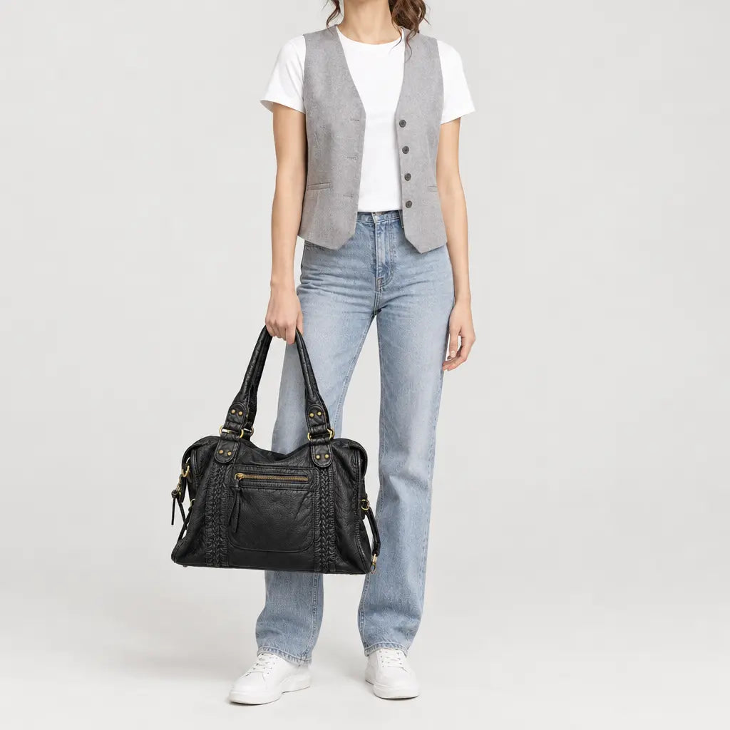 Sac bandoulière femme en cuir lavé - noir