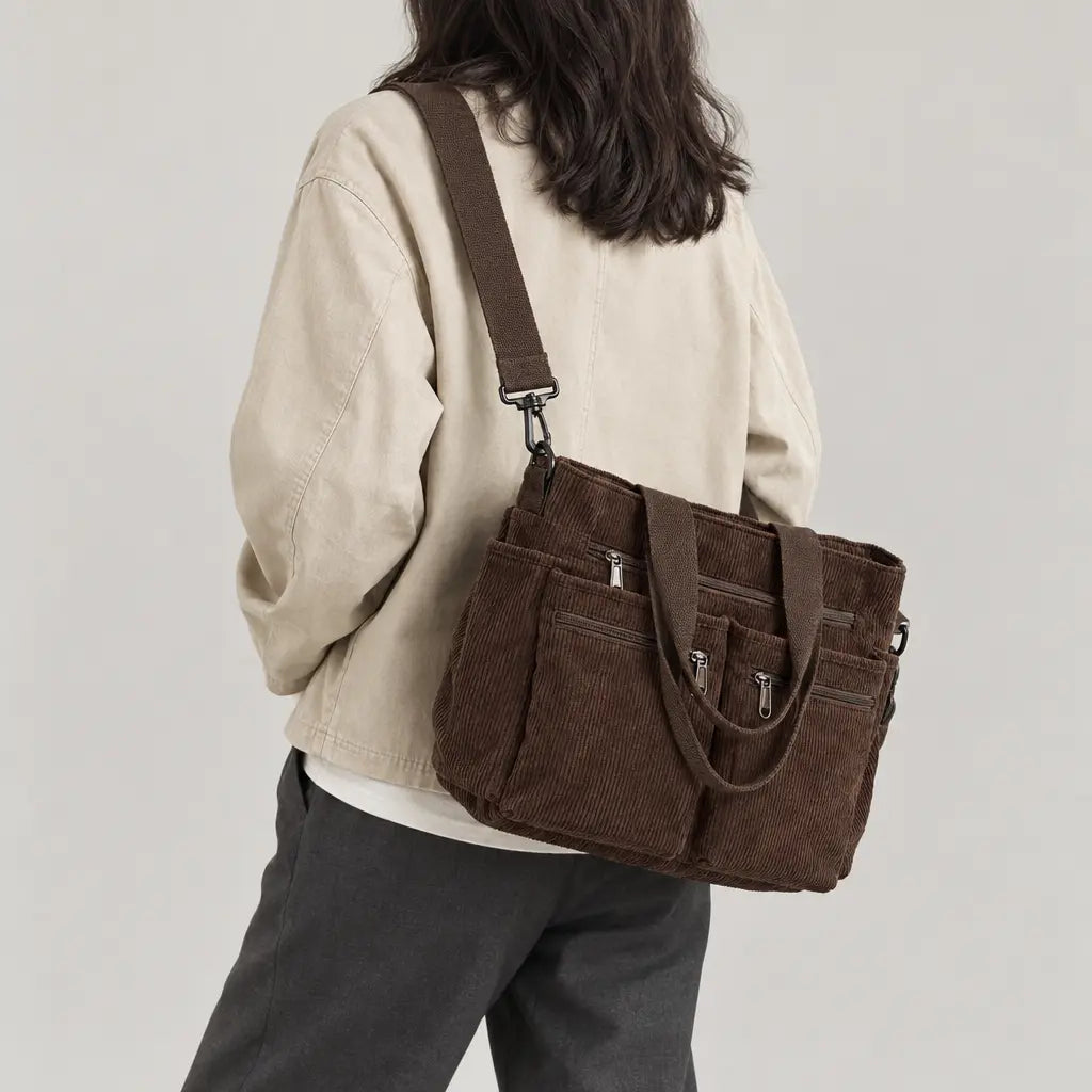 Sac bandoulière femme en velours côtelé - cafe
