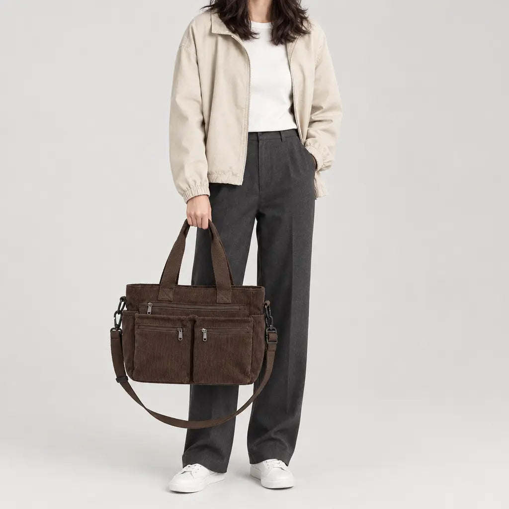 Sac bandoulière femme en velours côtelé - cafe