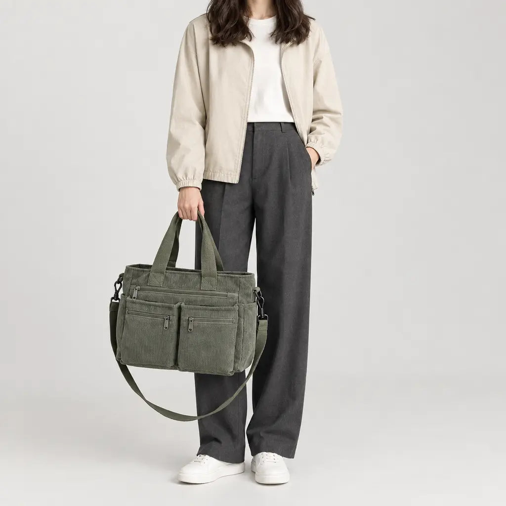 Sac bandoulière femme en velours côtelé - vert armee