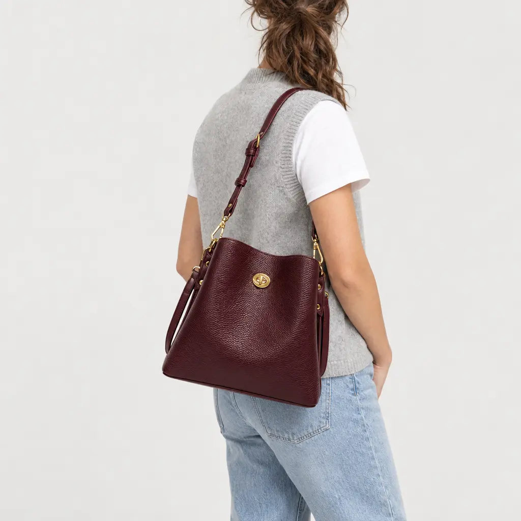 Sac seau femme en simili cuir - bordeaux