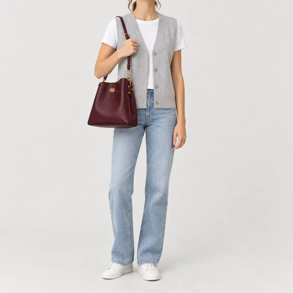 Sac seau femme en simili cuir - bordeaux