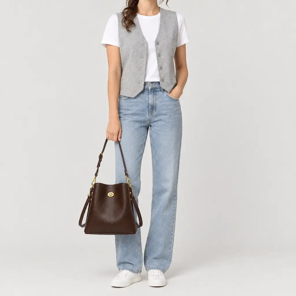 Sac seau femme en simili cuir - cafe