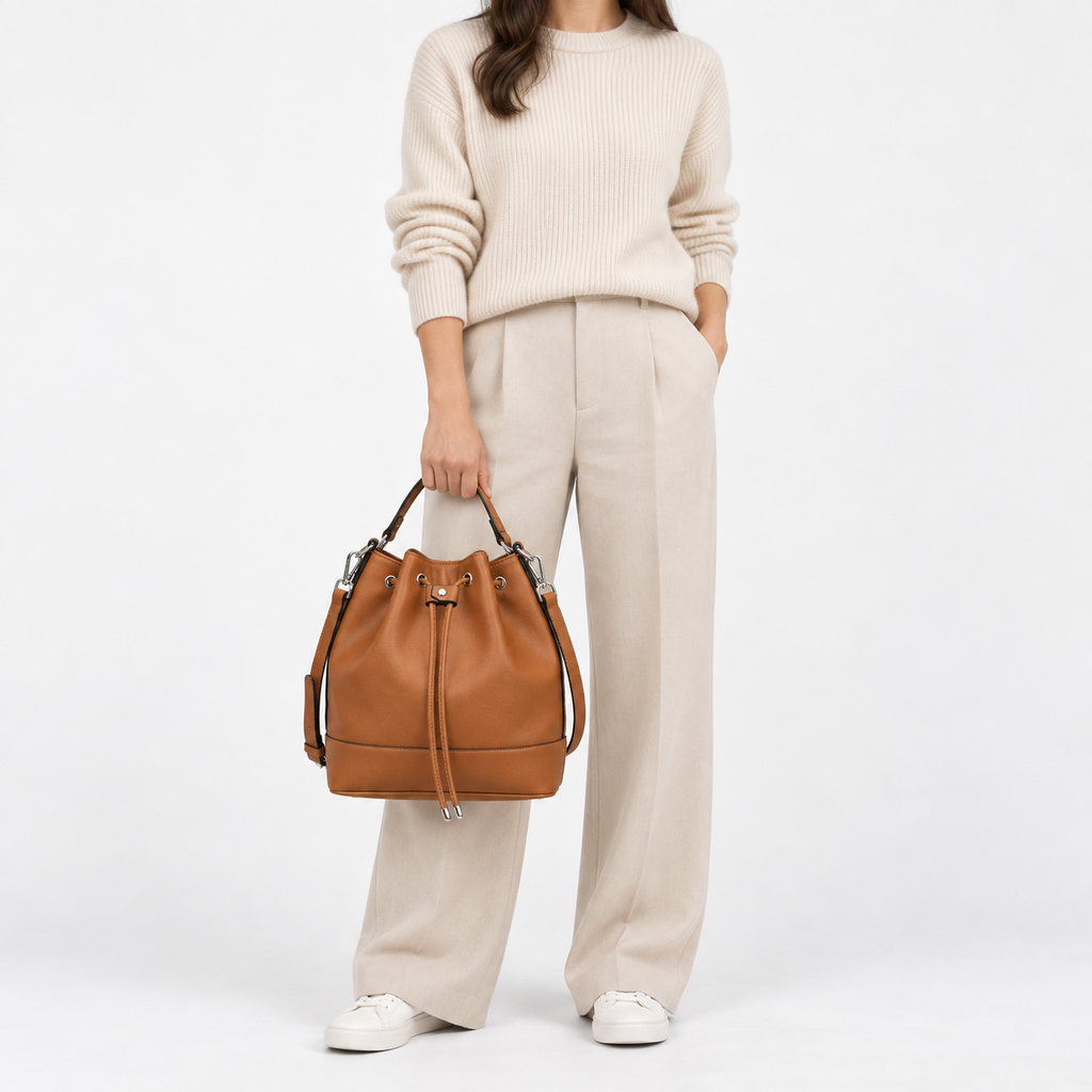 Sac seau femme en cuir plissé - marron
