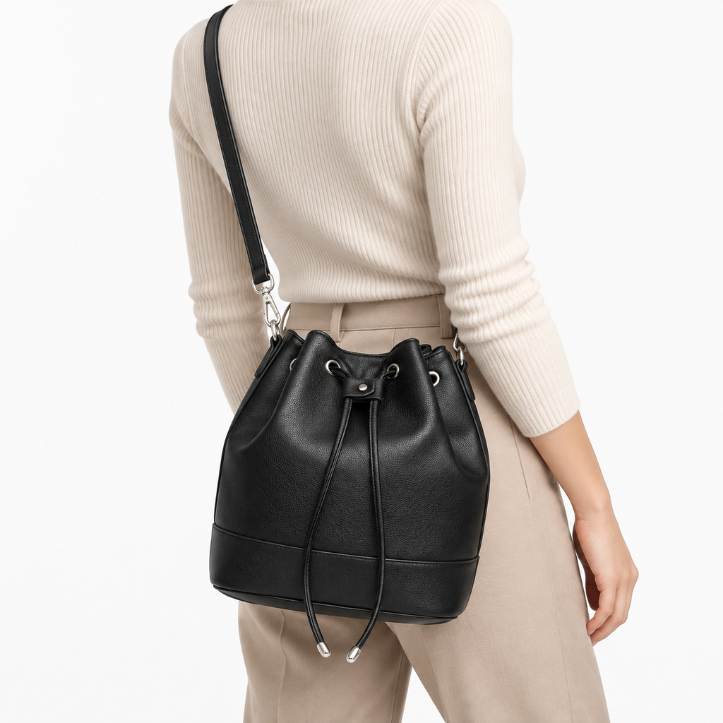Sac seau femme en cuir plissé - noir