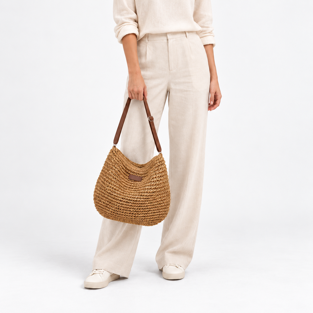 Sac bandoulière de plage en paille - kaki fonce