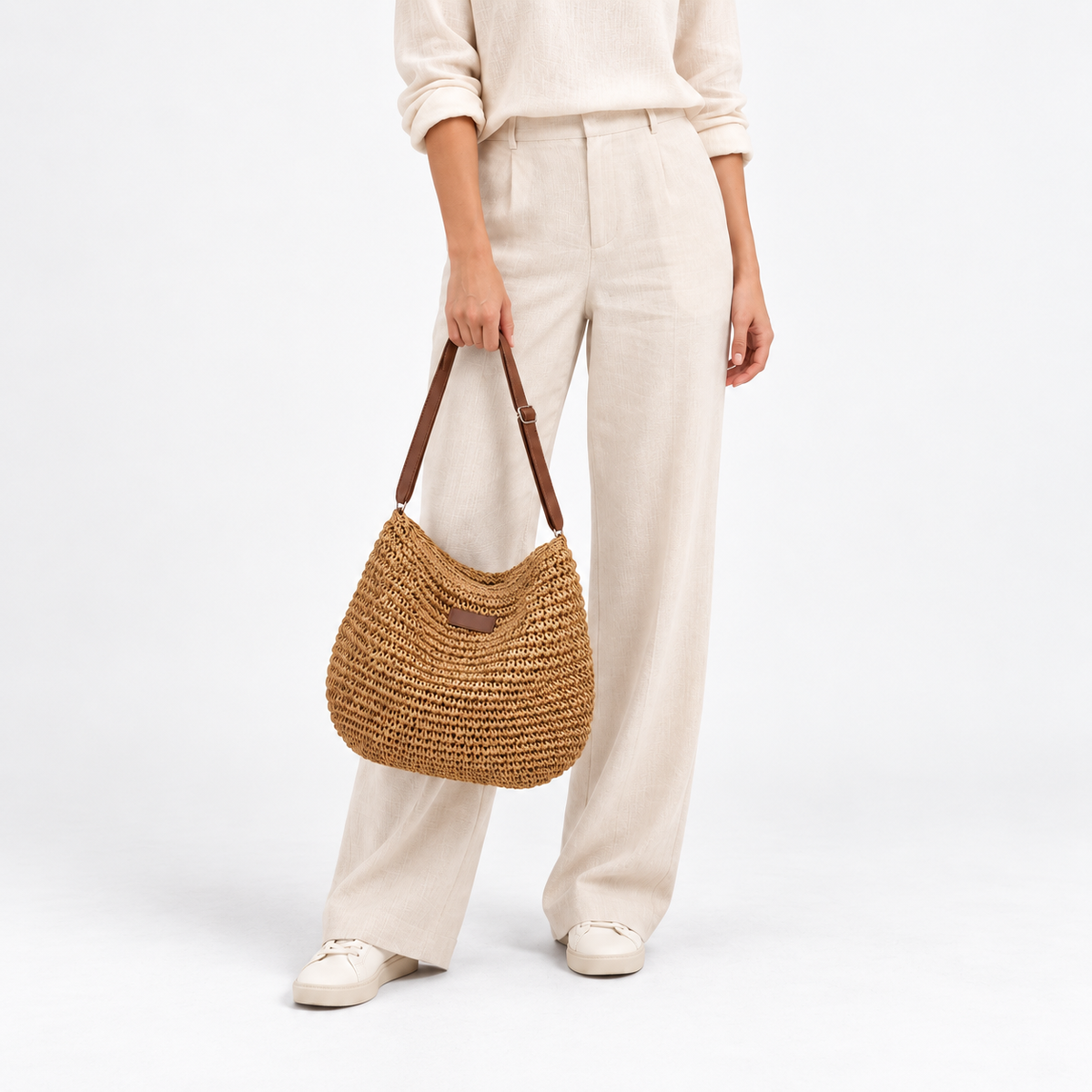 Sac bandoulière de plage en paille - kaki fonce