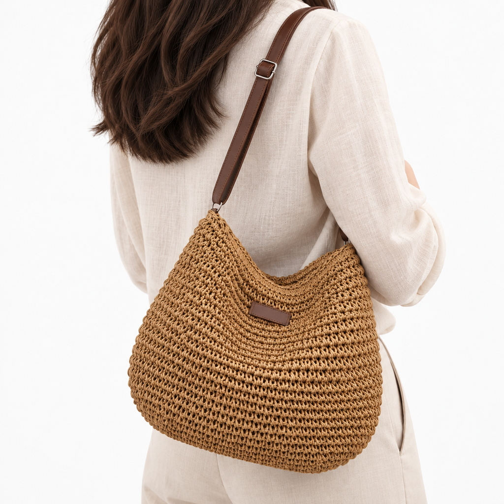 Sac bandoulière de plage en paille - kaki fonce