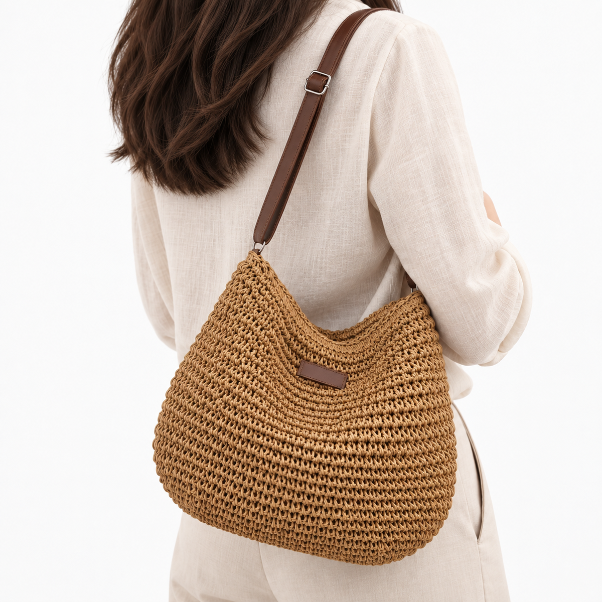Sac bandoulière de plage en paille - kaki fonce