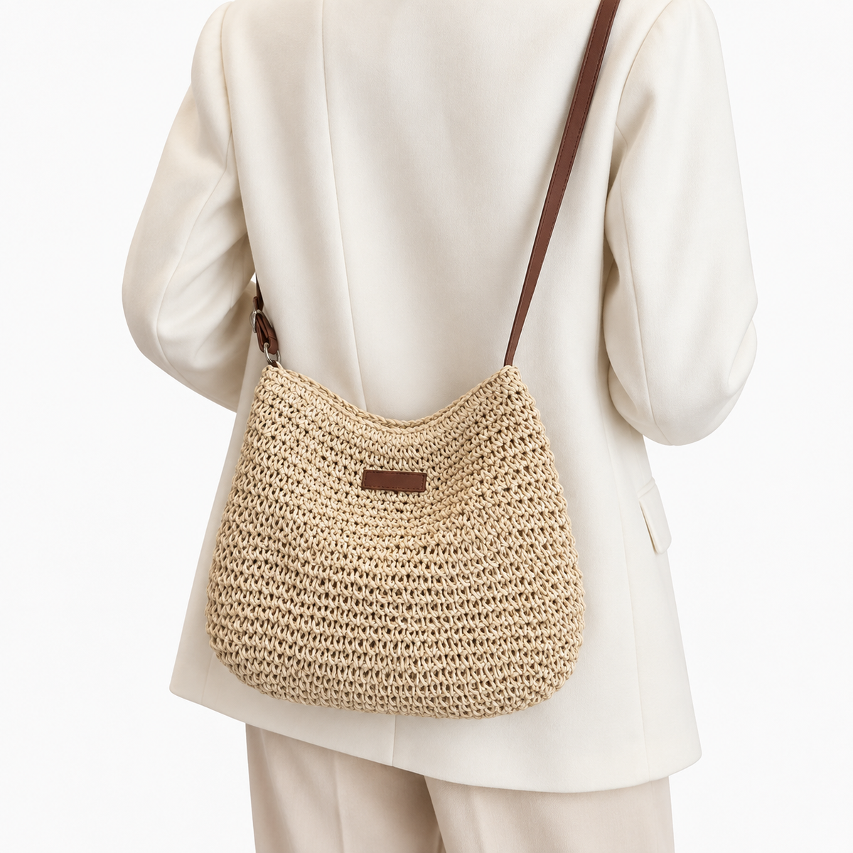 Sac bandoulière de plage en paille - beige