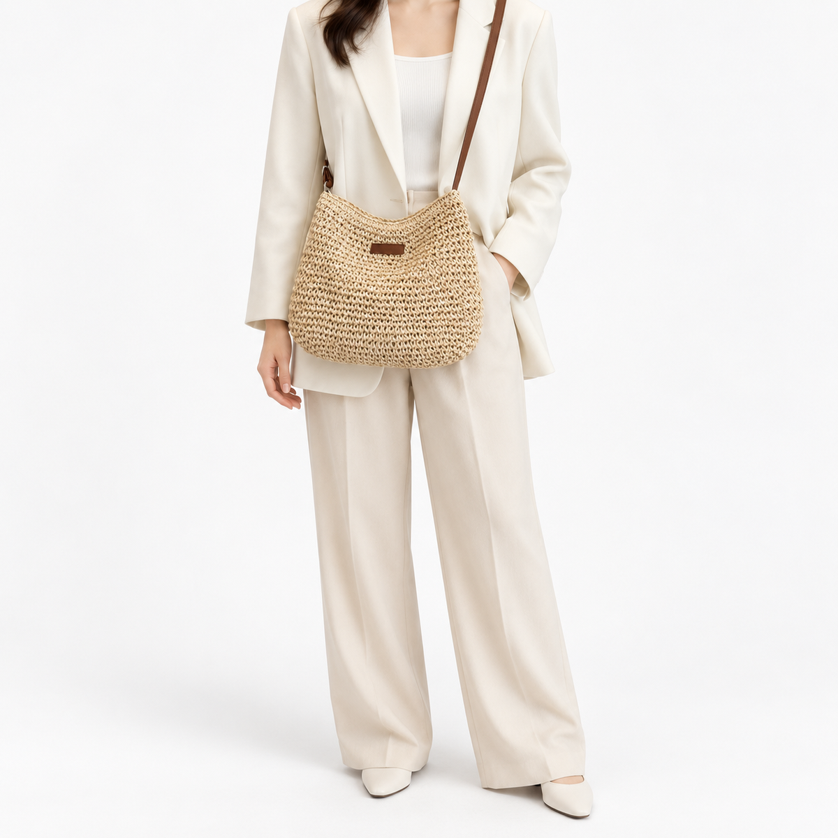 Sac bandoulière de plage en paille - beige