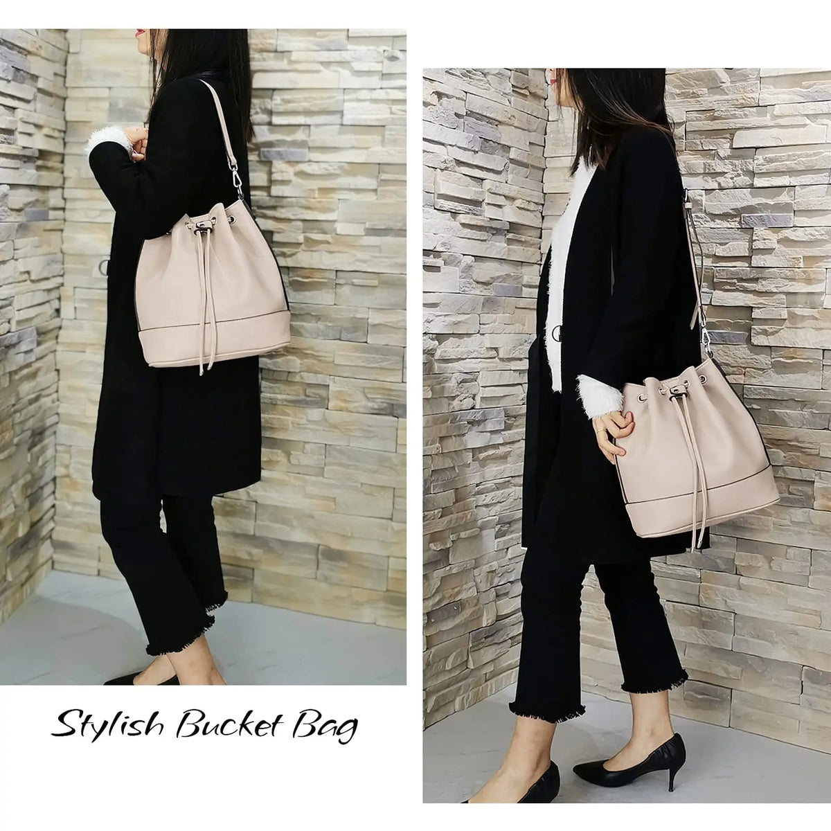 Sac seau femme en cuir plissé