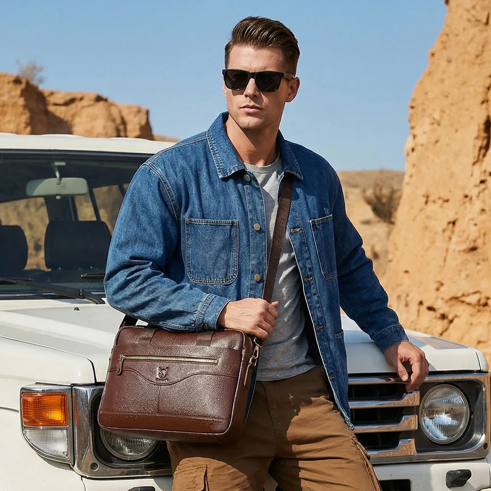 Sac ordinateur homme en cuir à bandoulière réglable