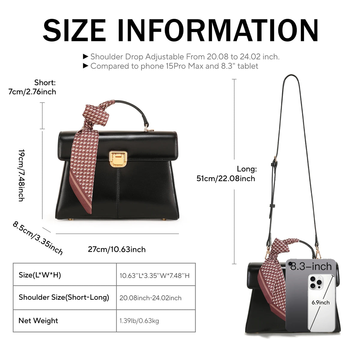 Sac à main femme en cuir véritable avec foulard