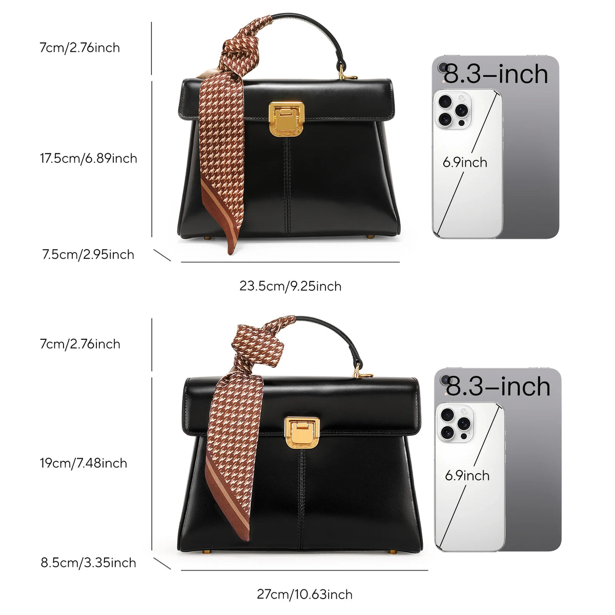 Sac à main femme en cuir véritable avec foulard