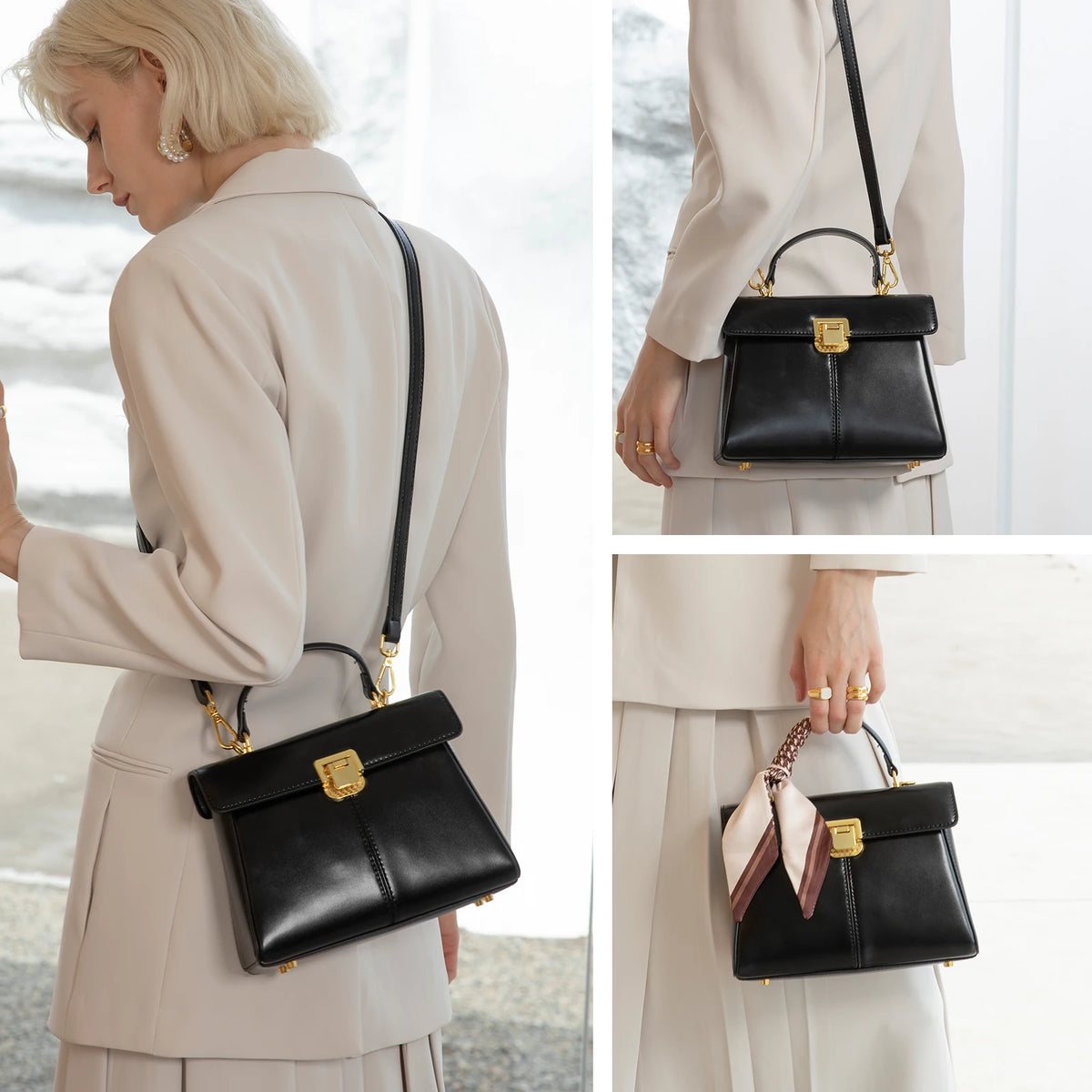 Sac à main femme en cuir véritable avec foulard