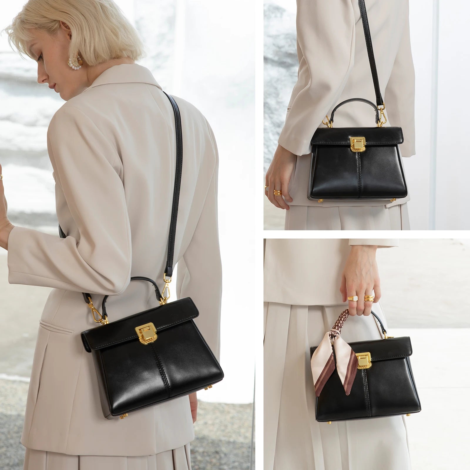 Sac à main femme en cuir véritable avec foulard