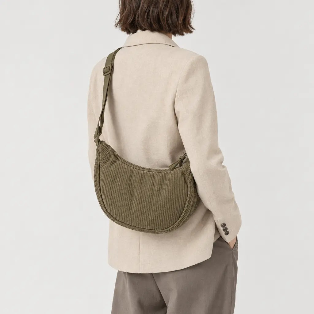 Sac hobo en velours côtelé - kaki - 2 porte-arriere