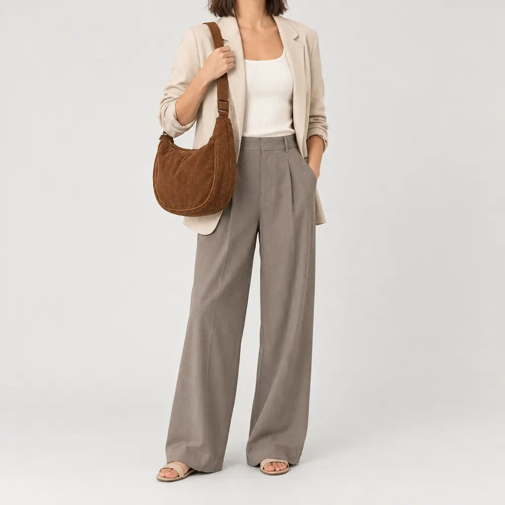 Sac hobo en velours côtelé - marron - 3 porte-face
