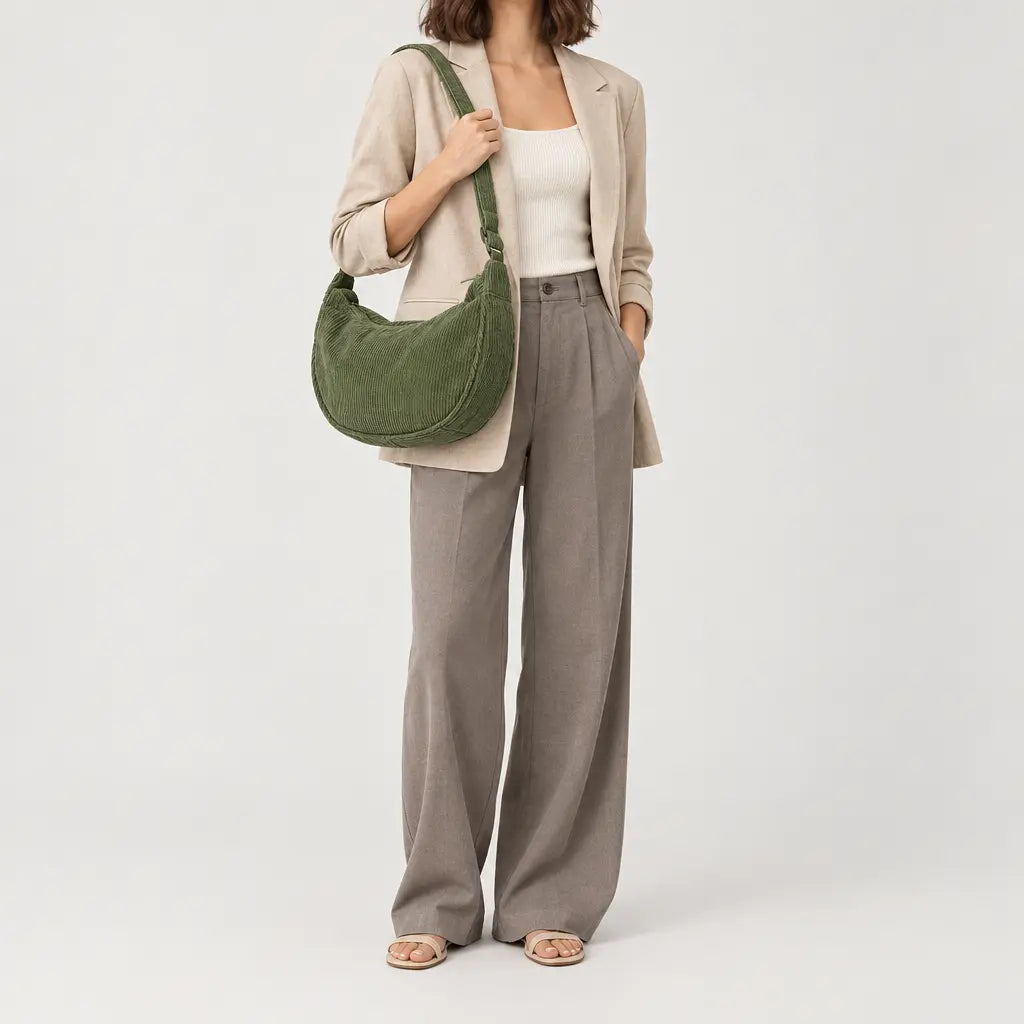 Sac hobo en velours côtelé - vert - 3 porte-face