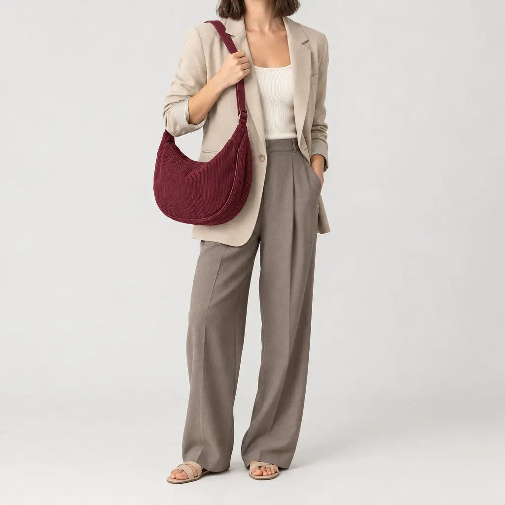 Sac hobo en velours côtelé - rouge bordeaux - 3 porte-face