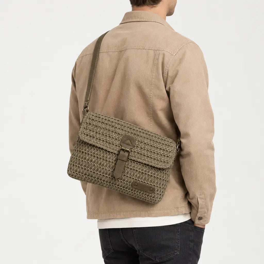 Sac bandoulière en paille - kaki - 2 porte-arriere