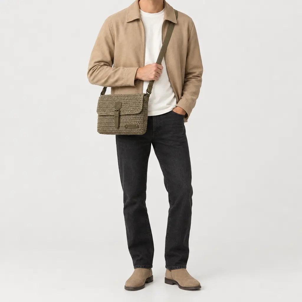 Sac bandoulière en paille - kaki - 3 porte-face