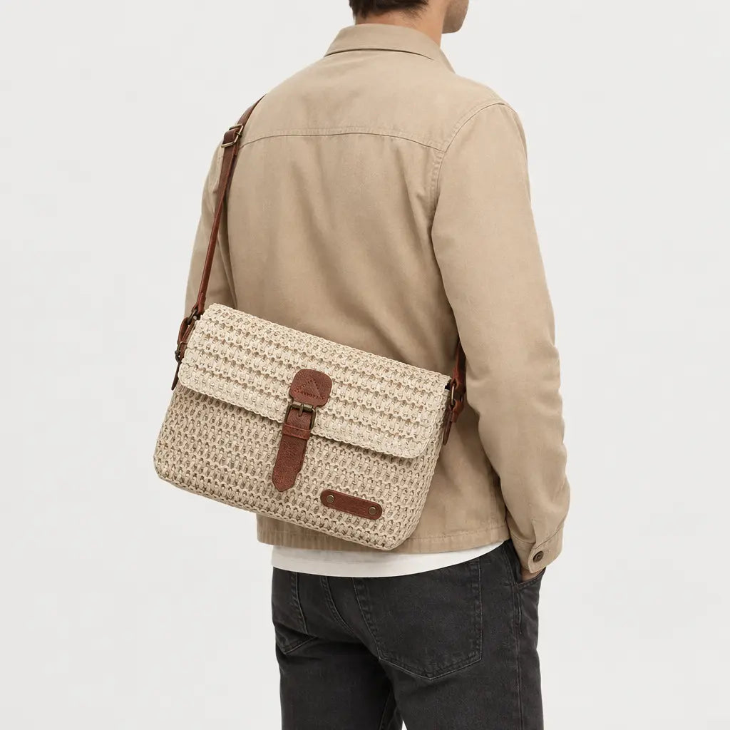 Sac bandoulière en paille - beige - 2 porte-arriere