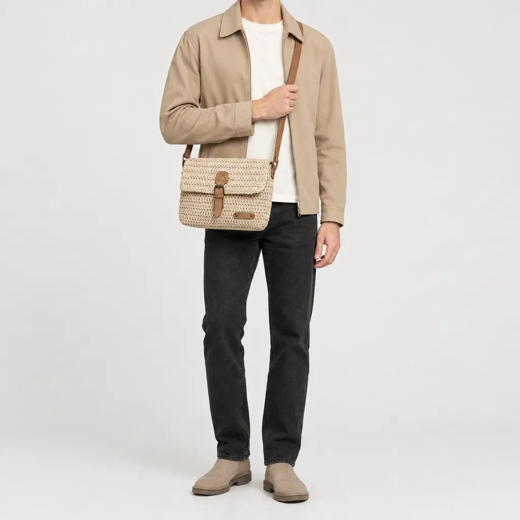 Sac bandoulière en paille - beige - 3 porte-face