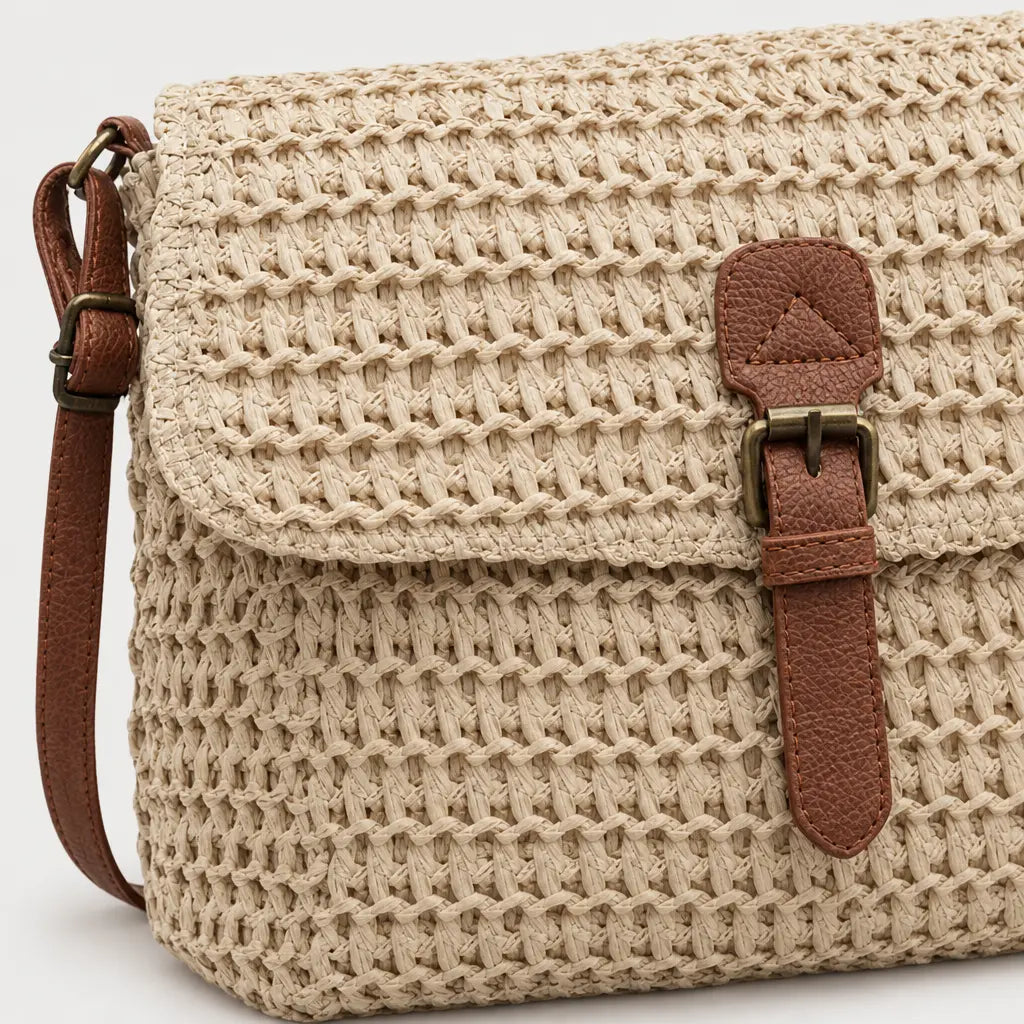 Sac bandoulière en paille - beige - 4 macro