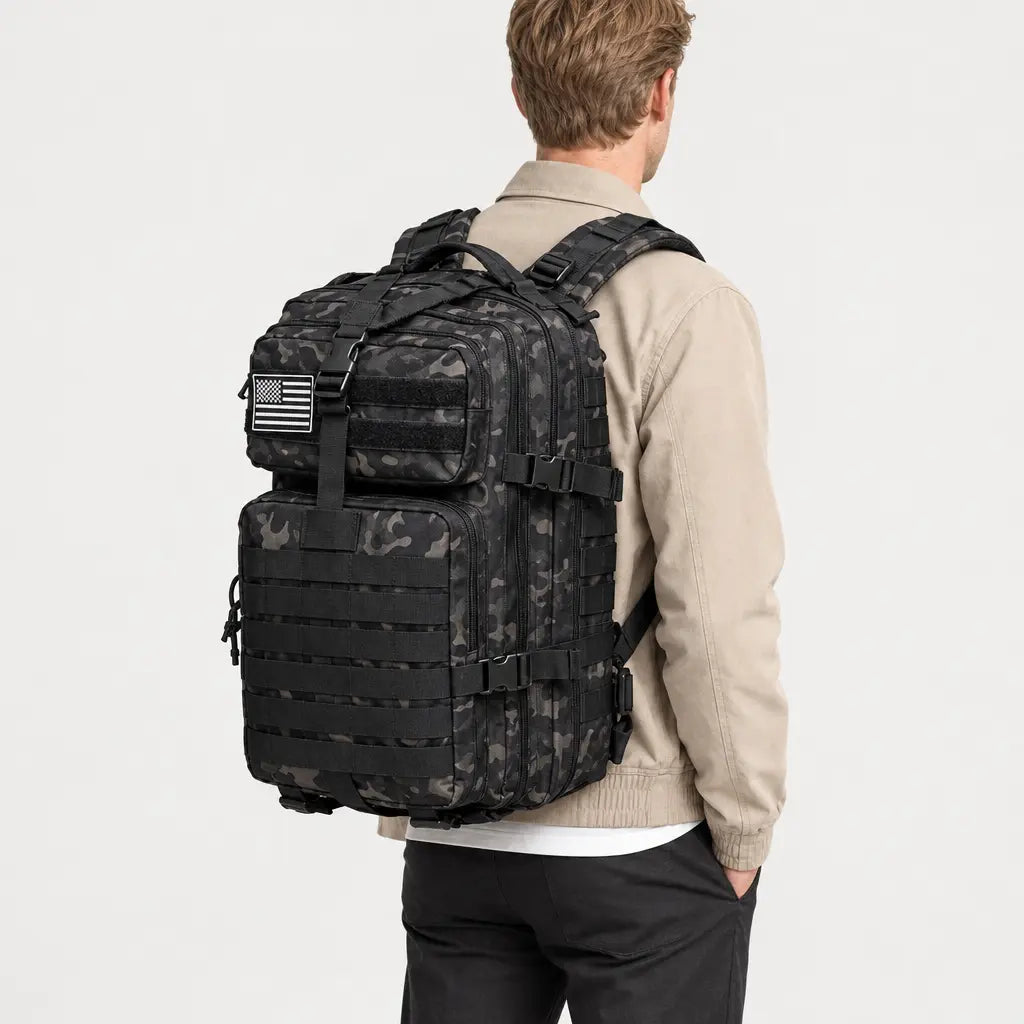 Sac à dos tactique imperméable - camo noir - 2 porte-arriere