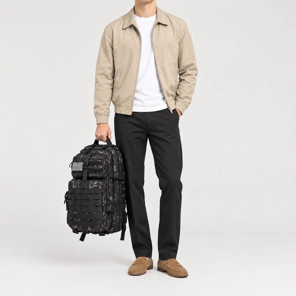 Sac à dos tactique imperméable - camo noir - 3 porte-face