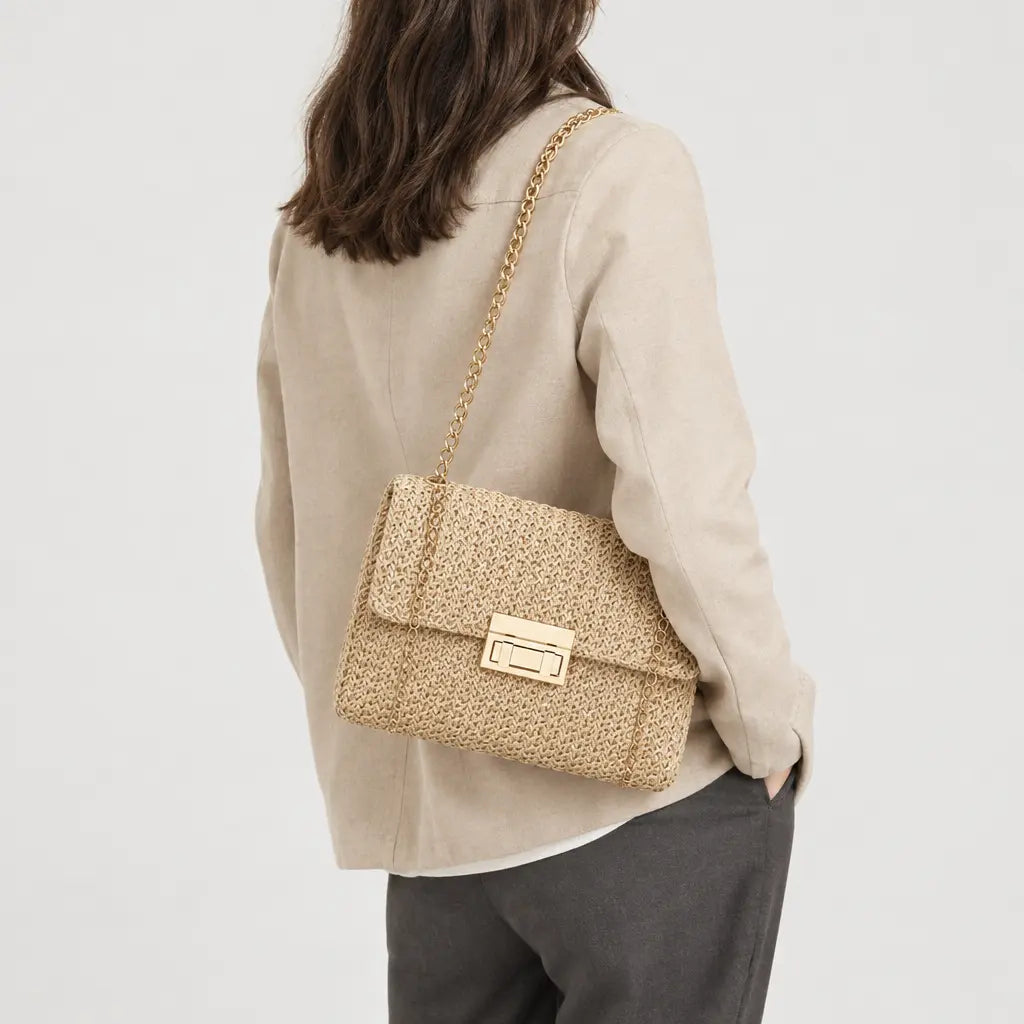 Sac bandoulière en paille tressée - beige - 2 porte-arriere
