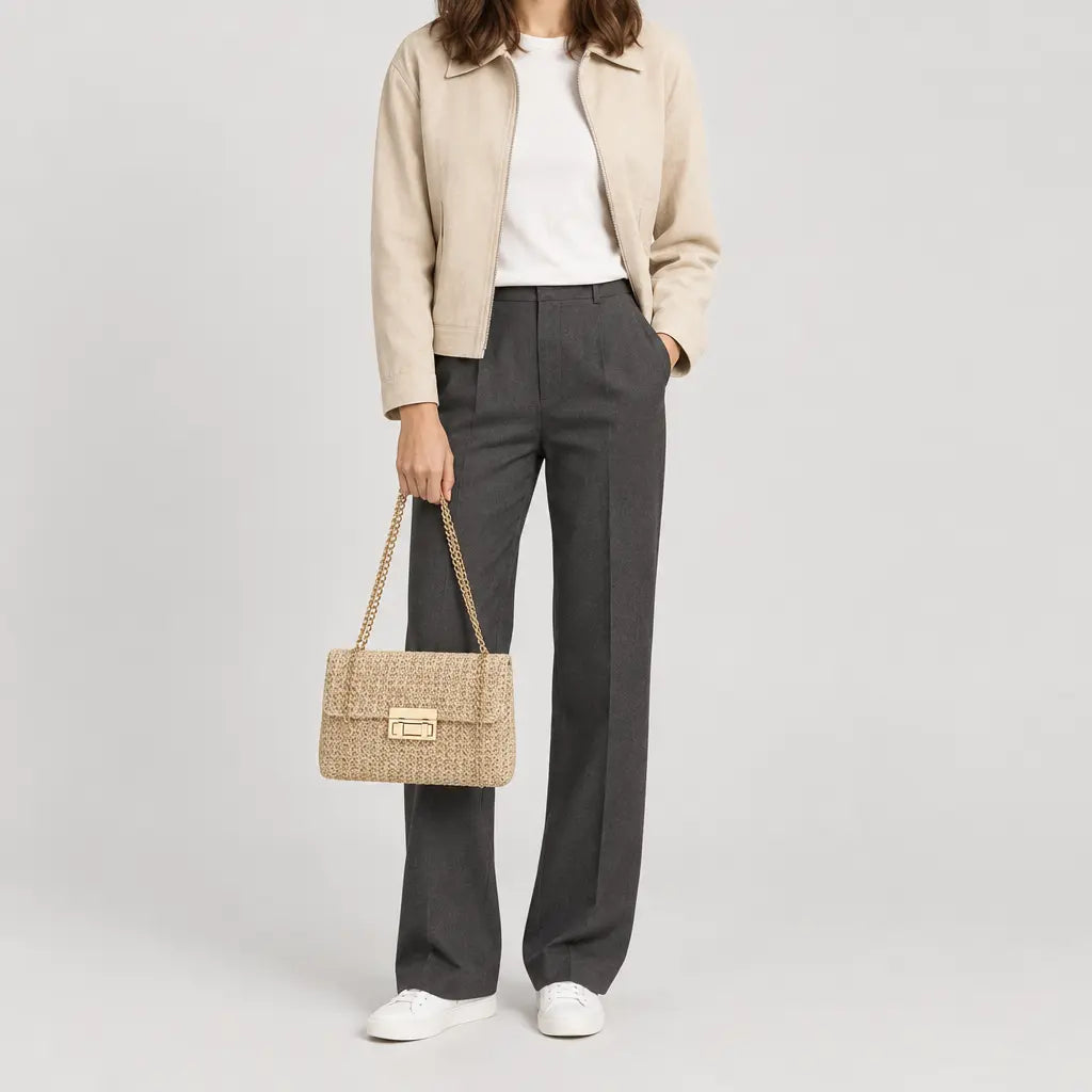 Sac bandoulière en paille tressée - beige - 3 porte-face