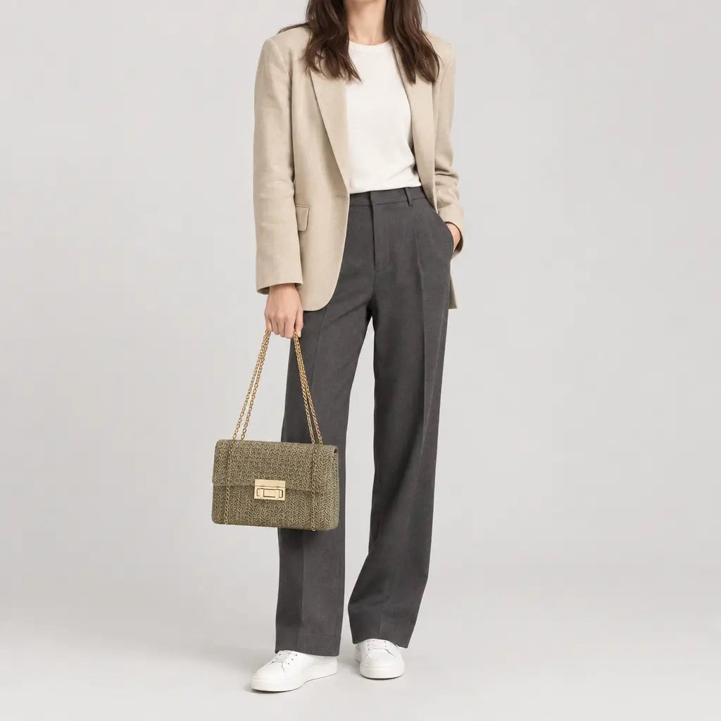 Sac bandoulière en paille tressée - kaki - 3 porte-face