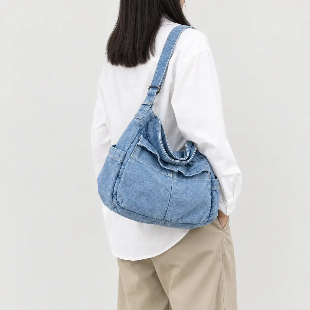 Sac bandoulière en jean - bleu clair - 2 porte-arriere