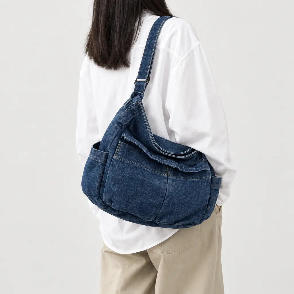 Sac bandoulière en jean - bleu fonce - 2 porte-arriere