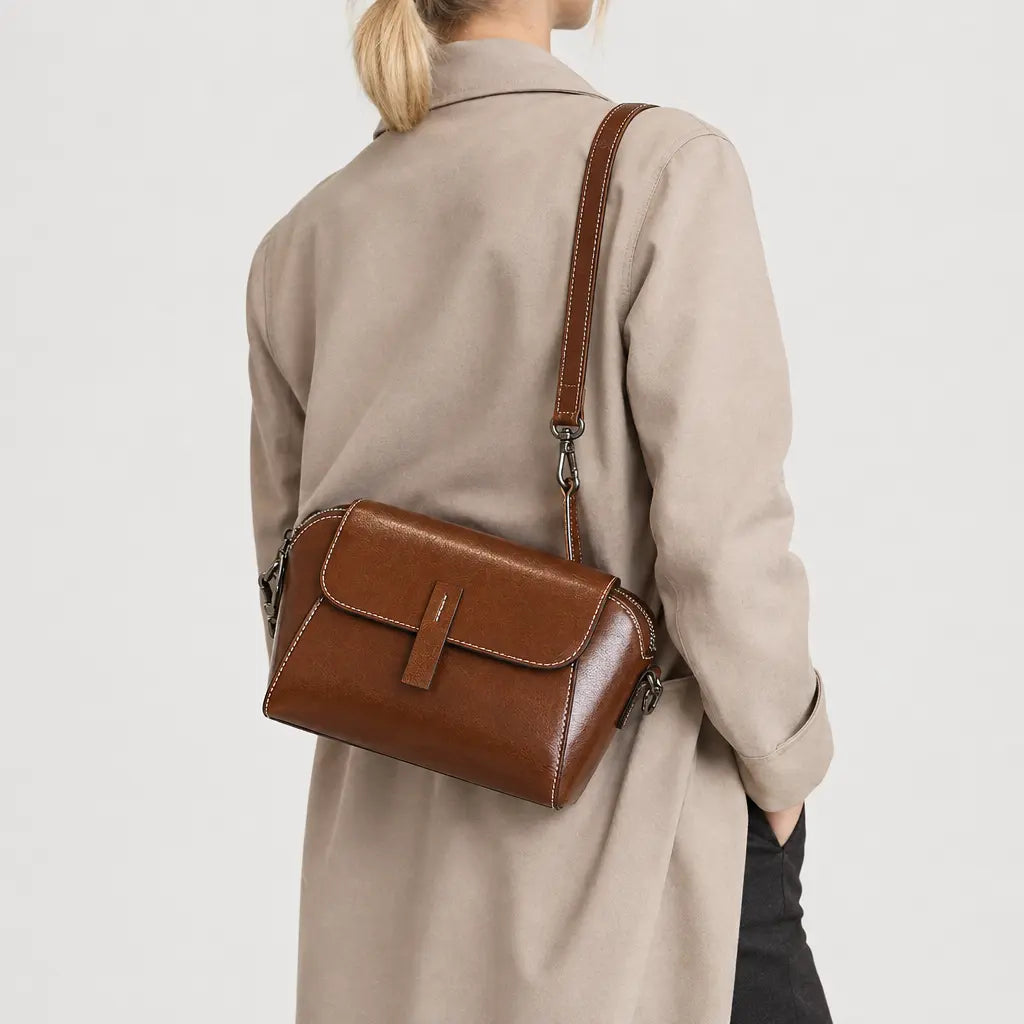 Sac à main rond femme en cuir véritable - marron - 2 porte-arriere