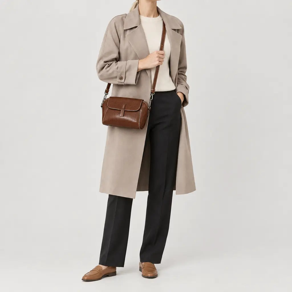 Sac à main rond femme en cuir véritable - marron - 3 porte-face