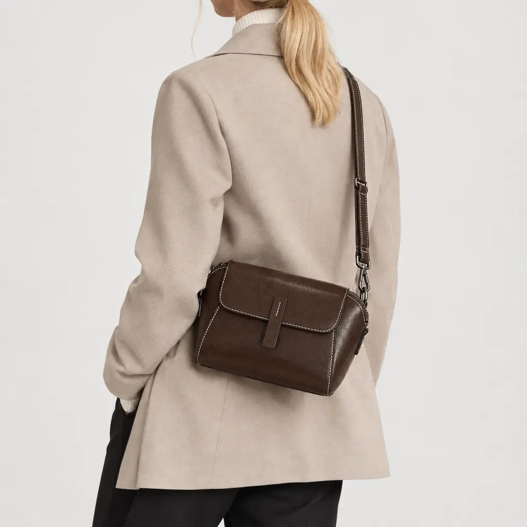 Sac à main rond femme en cuir véritable - cafe - 2 porte-arriere