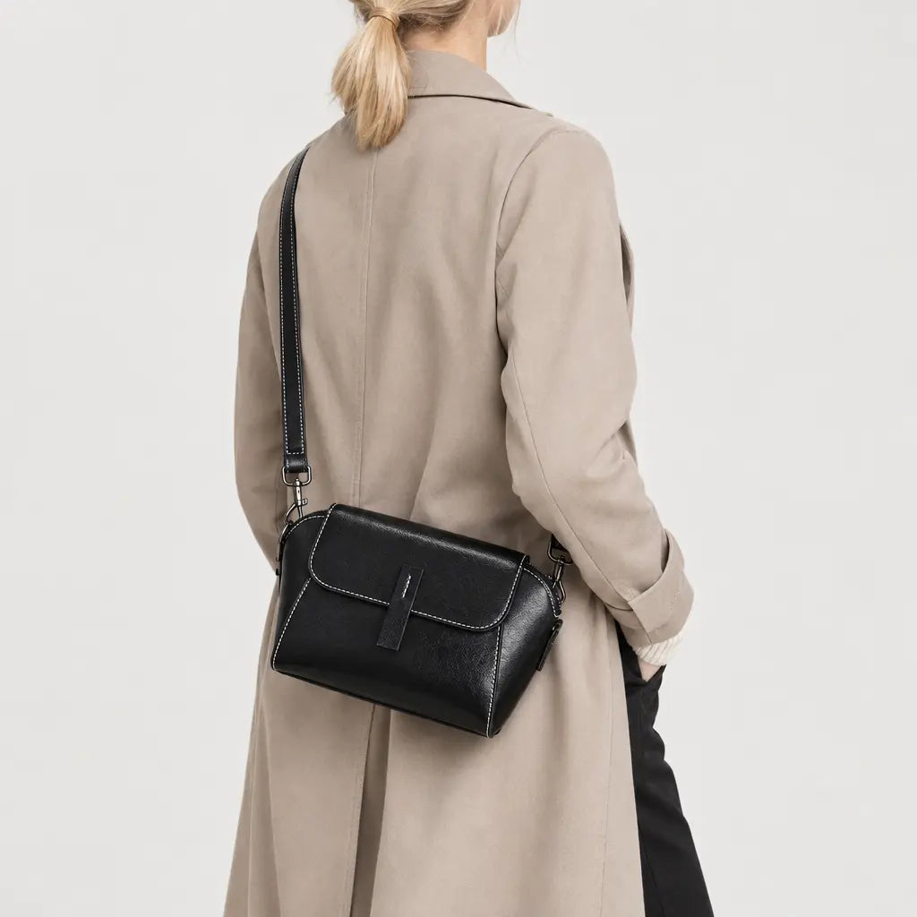 Sac à main rond femme en cuir véritable - noir - 2 porte-arriere