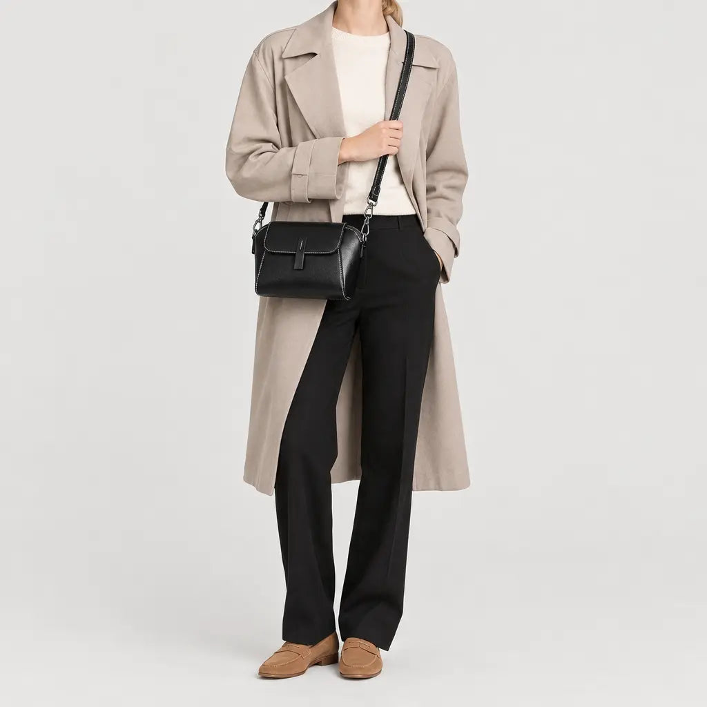 Sac à main rond femme en cuir véritable - noir - 3 porte-face