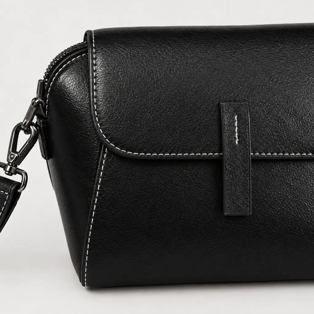 Sac à main rond femme en cuir véritable - noir - 4 macro