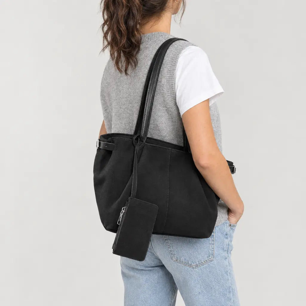 Sac cabas femme en daim - noir - 2 porte-arriere