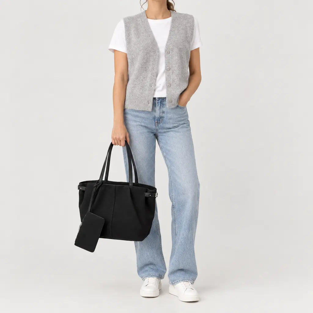 Sac cabas femme en daim - noir - 3 porte-face