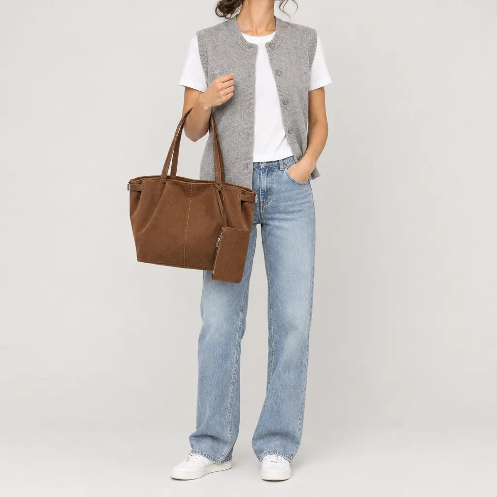 Sac cabas femme en daim - marron - 3 porte-face